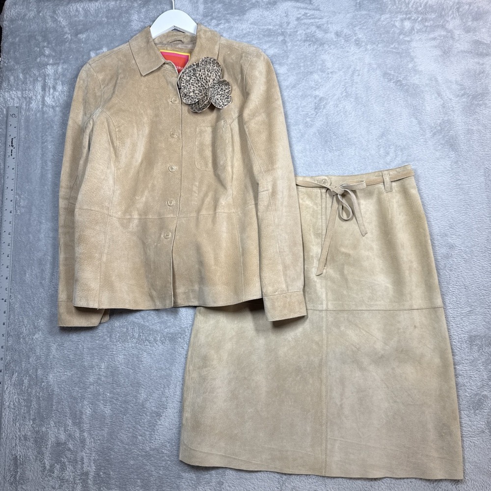 Isaac Mizrahi Leather Suede Skirt Jacket Set Womens 8 Large Tan Y2K Leopard